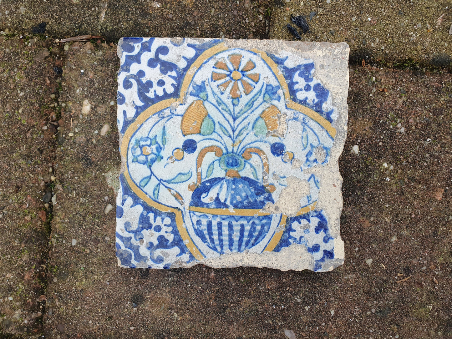 Antique Dutch Delft Tiles – 17th Century Polychrome Floral (Set of 4)