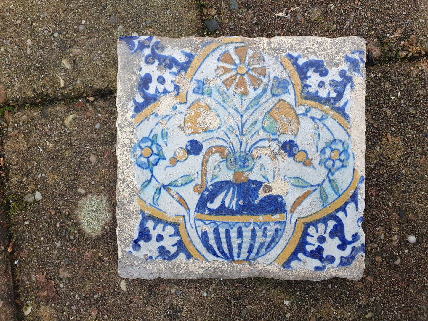 Antique Dutch Delft Tiles – 17th Century Polychrome Floral (Set of 4)