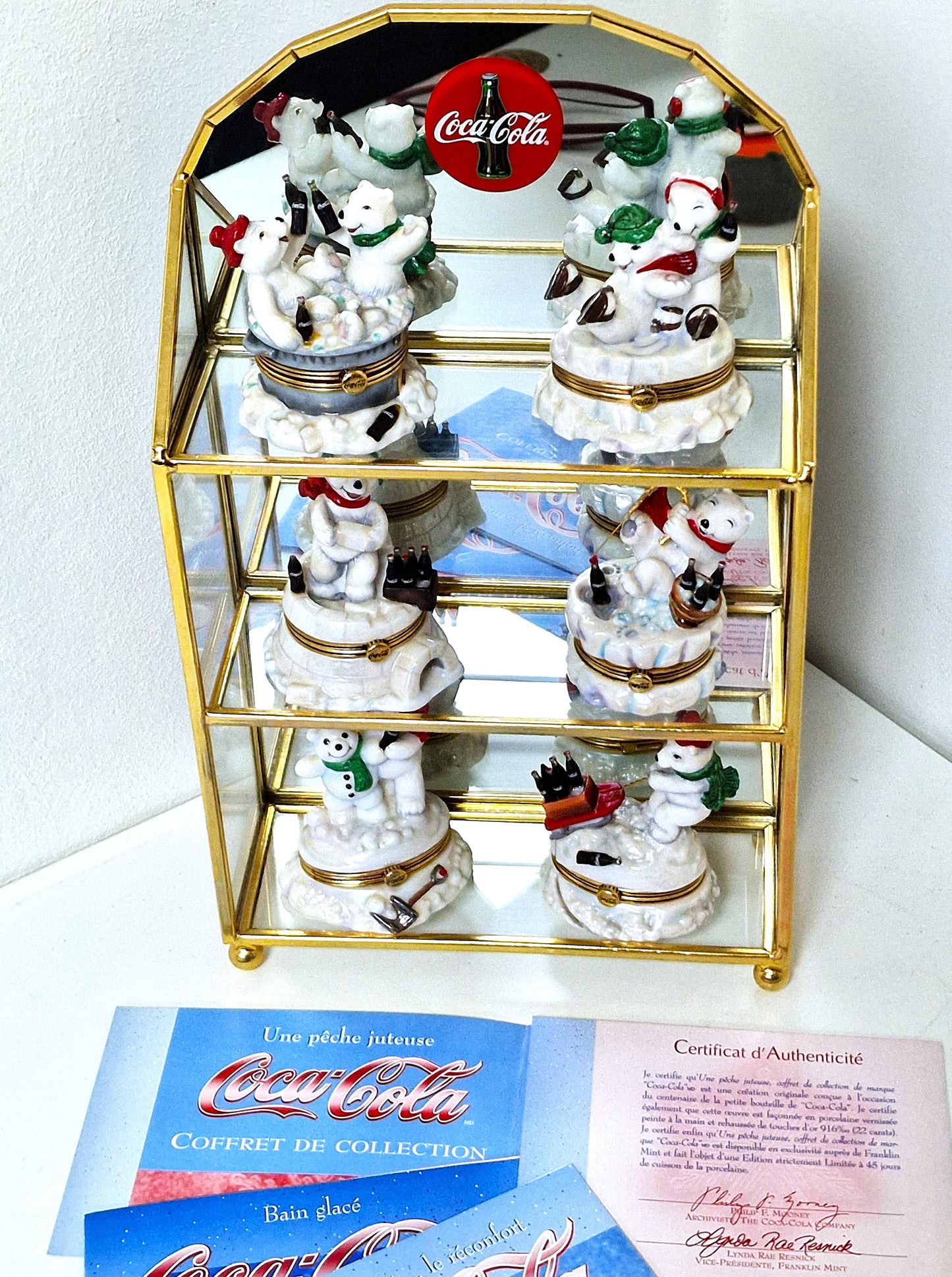 Coca Cola Franklin Mint Polar Bear Trinket Box Set, 22K Gilt Display