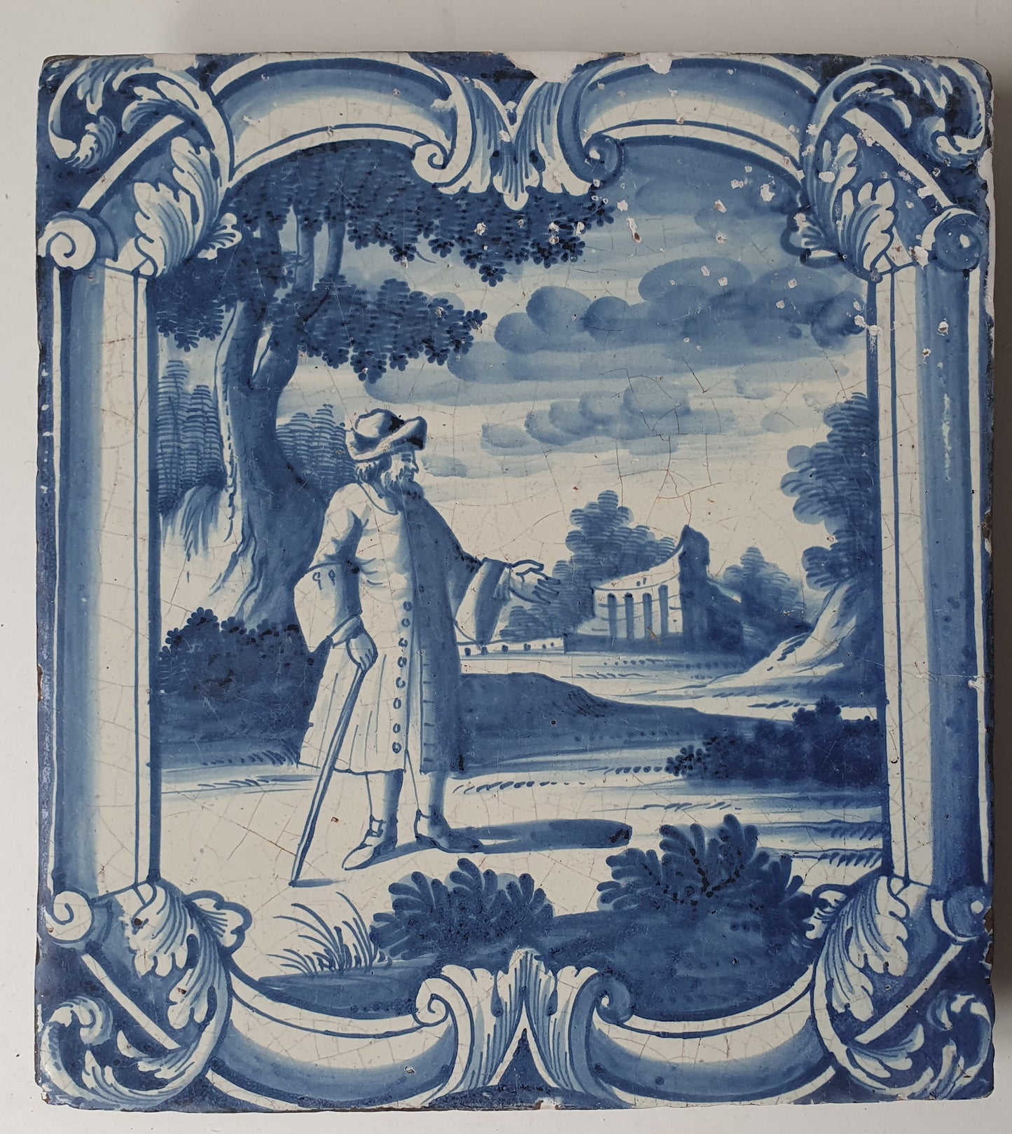 Antique Faience Tile Plaque, Nobleman Park Scene, Ost Friesland 1750-1775