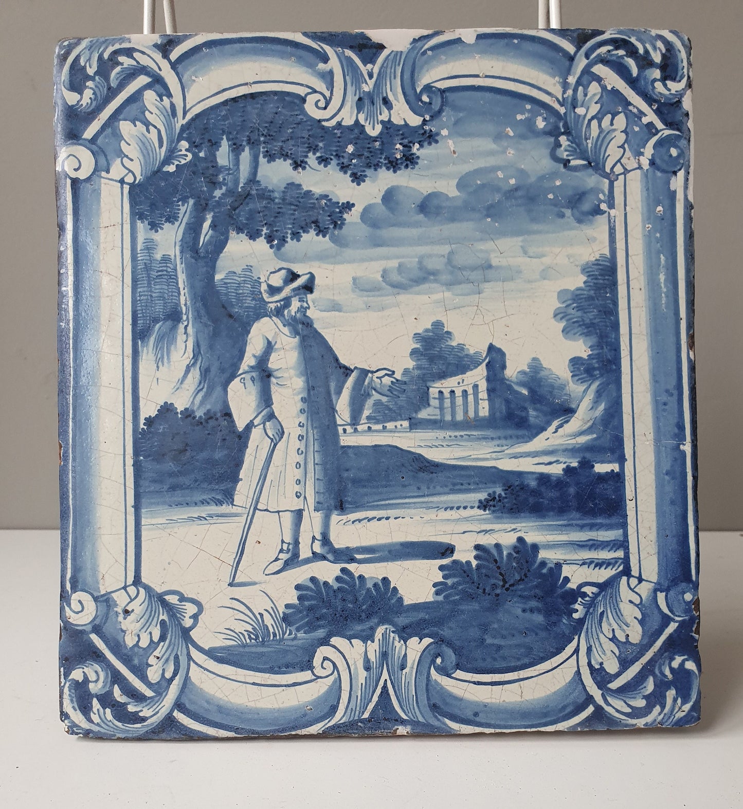 Antique Faience Tile Plaque, Nobleman Park Scene, Ost Friesland 1750-1775