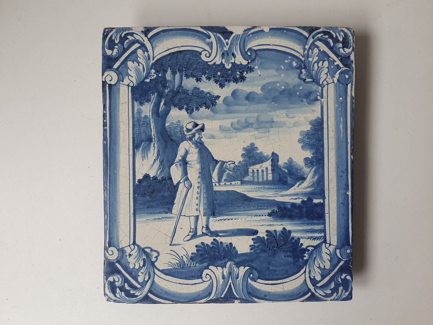Antique Faience Tile Plaque, Nobleman Park Scene, Ost Friesland 1750-1775