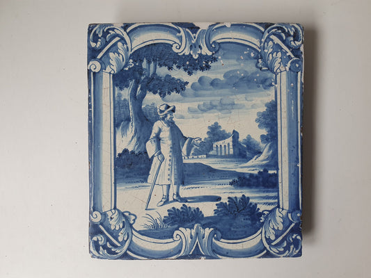 Antique Faience Tile Plaque, Nobleman Park Scene, Ost Friesland 1750-1775