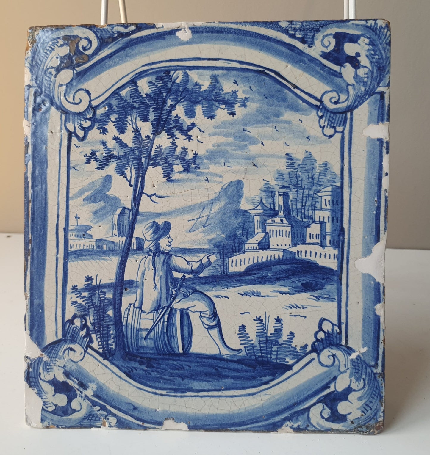 Antique Faience Tile, 18th Century German Stovetile, Underglaze Blue