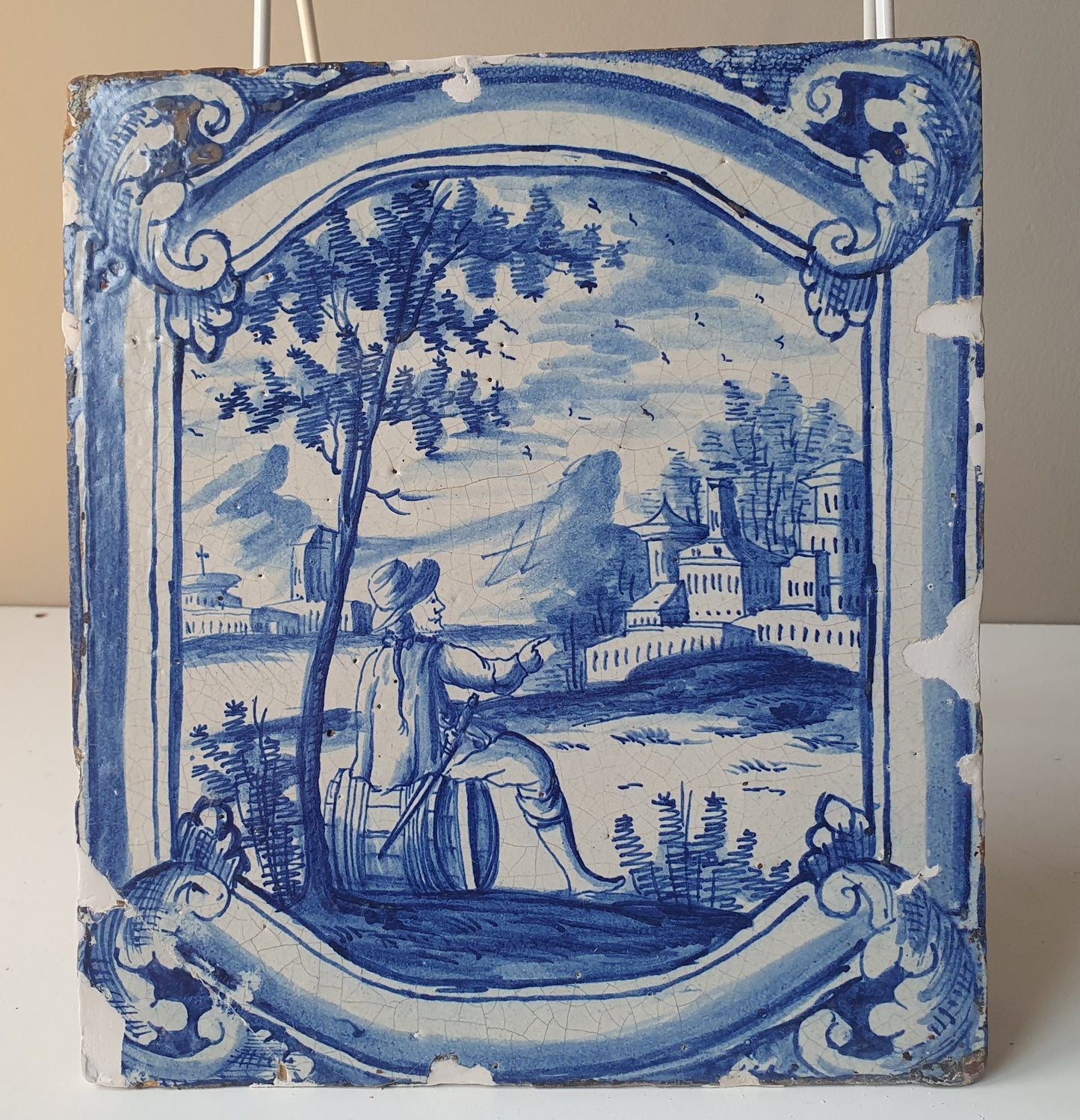 Antique Faience Tile, 18th Century German Stovetile, Underglaze Blue