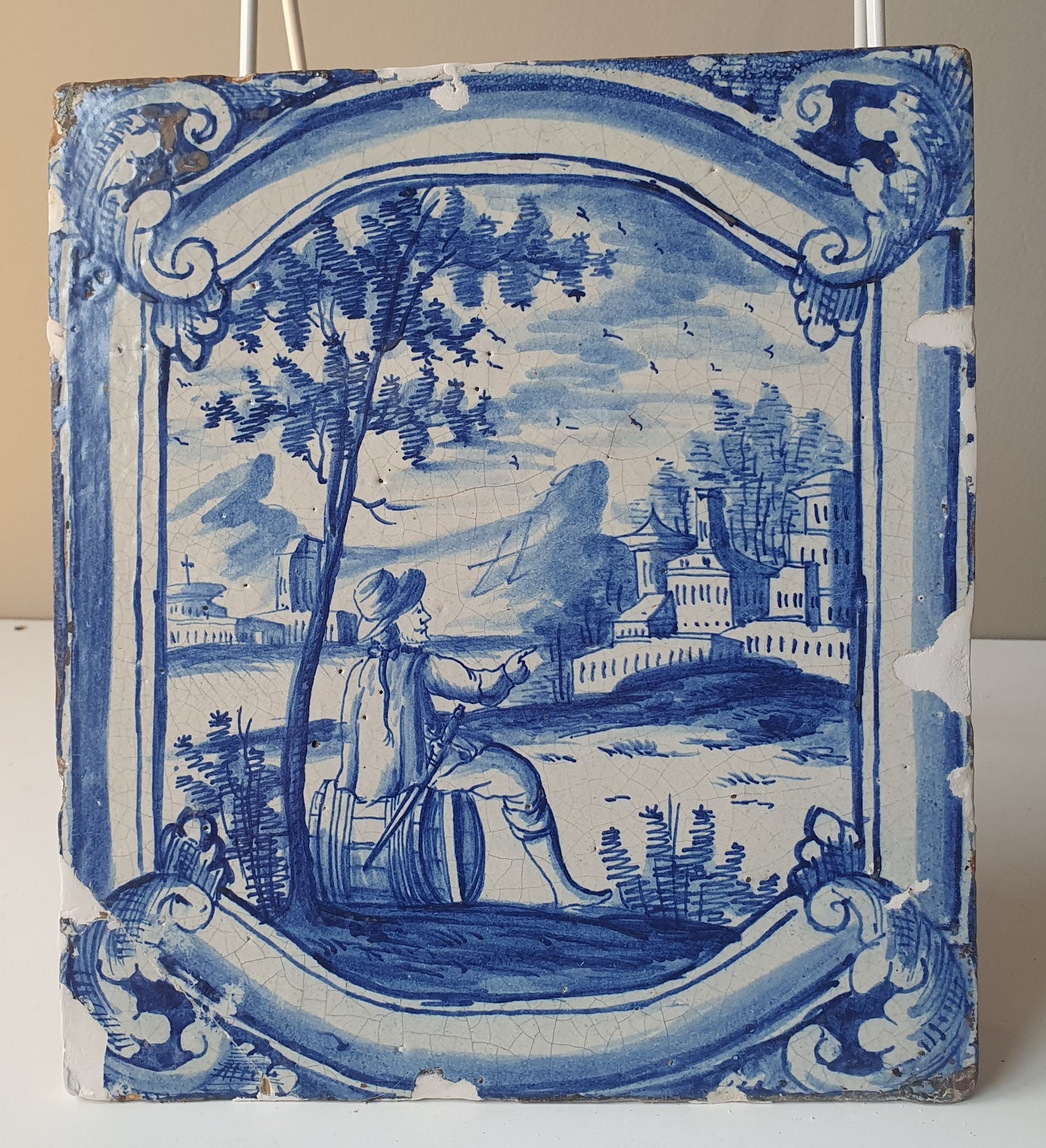 Antique Faience Tile, 18th Century German Stovetile, Underglaze Blue
