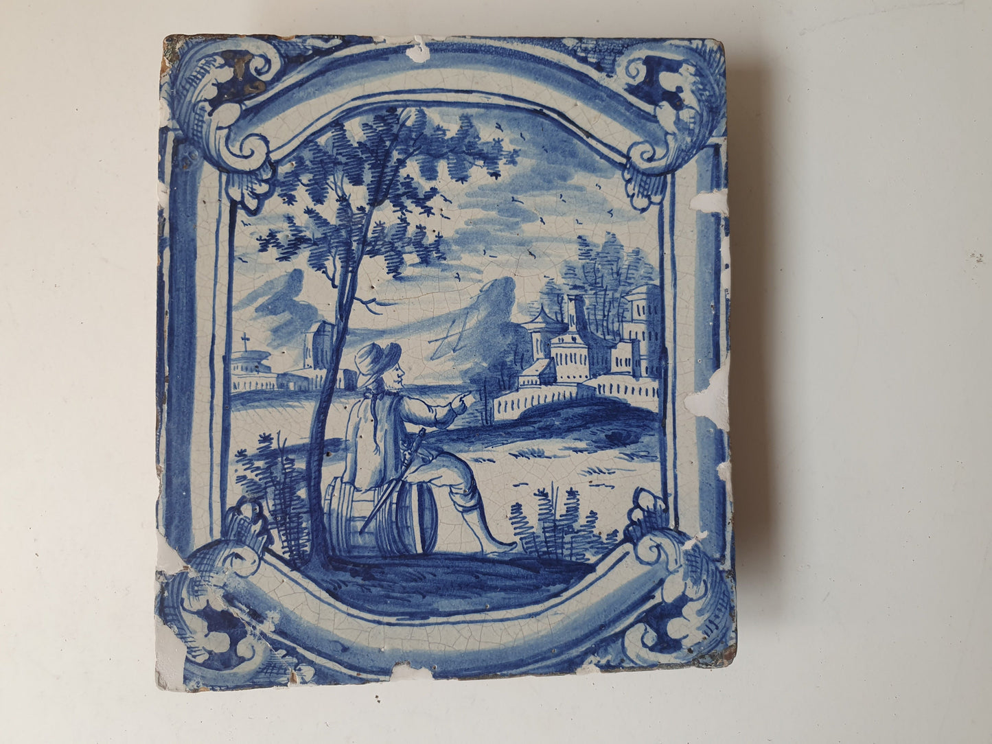 Antique Faience Tile, 18th Century German Stovetile, Underglaze Blue