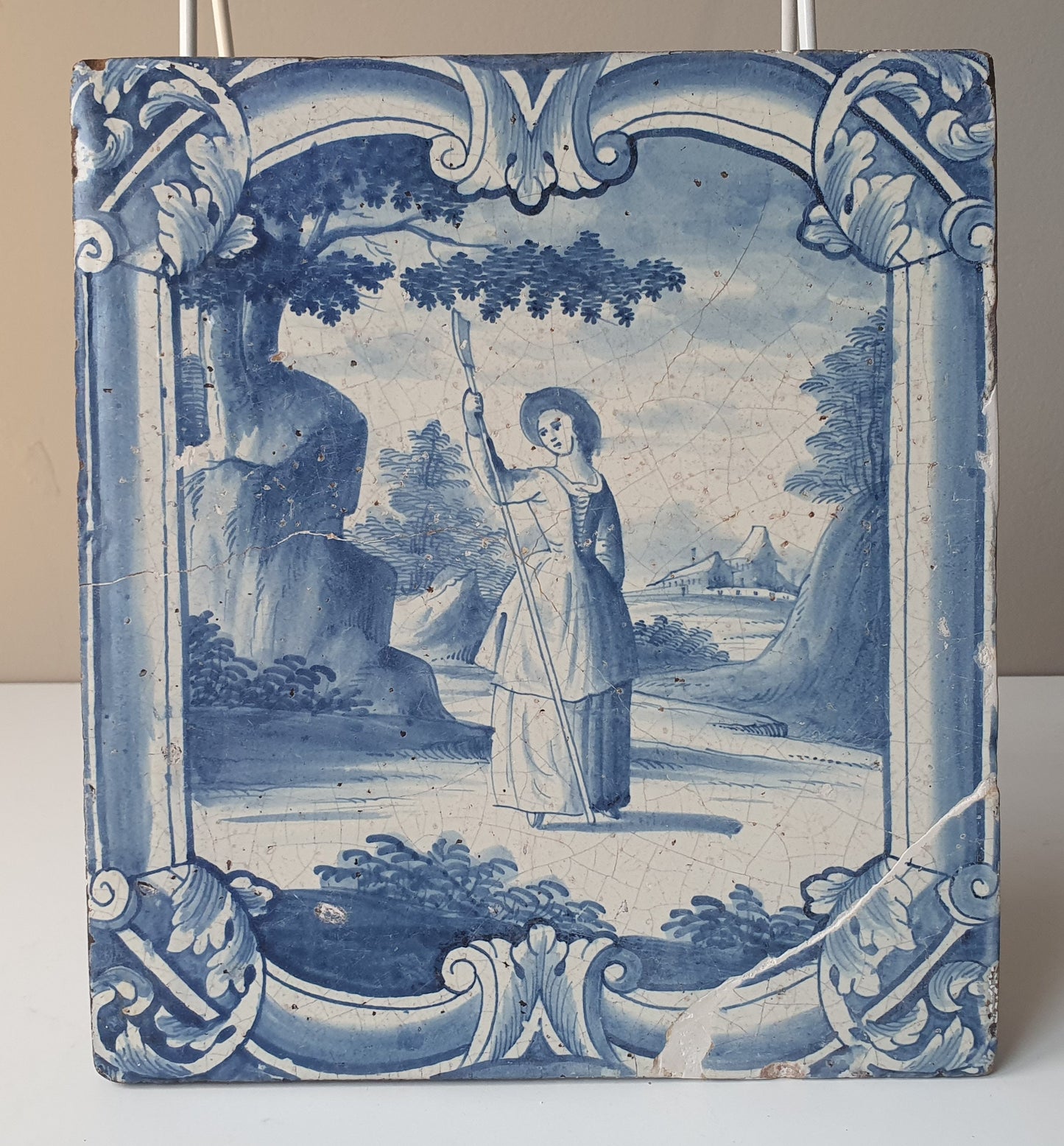 Antique Faience Tile Plaque, 18th Century Hamburg Scenery, Underglaze Blue