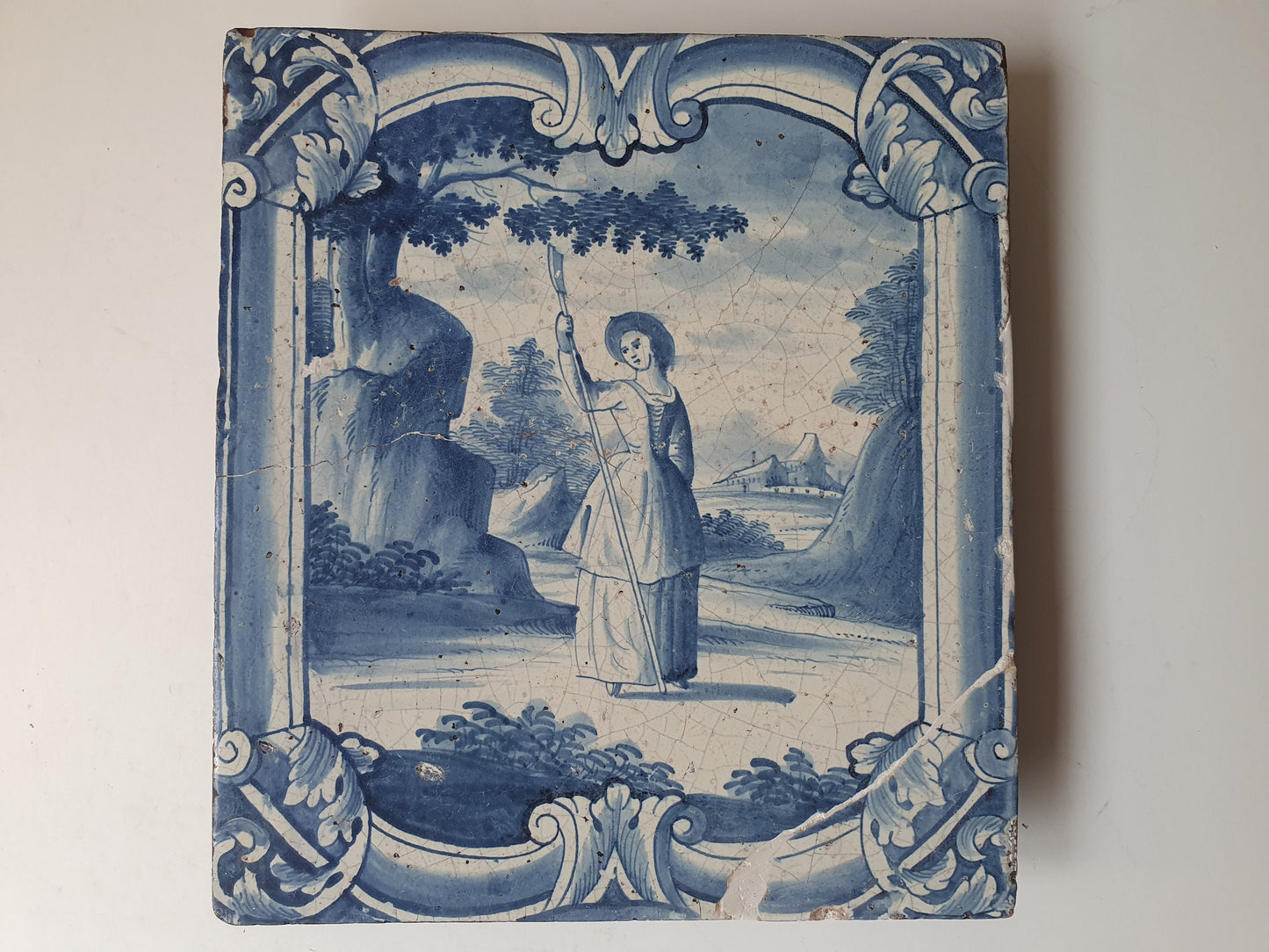Antique Faience Tile Plaque, 18th Century Hamburg Scenery, Underglaze Blue