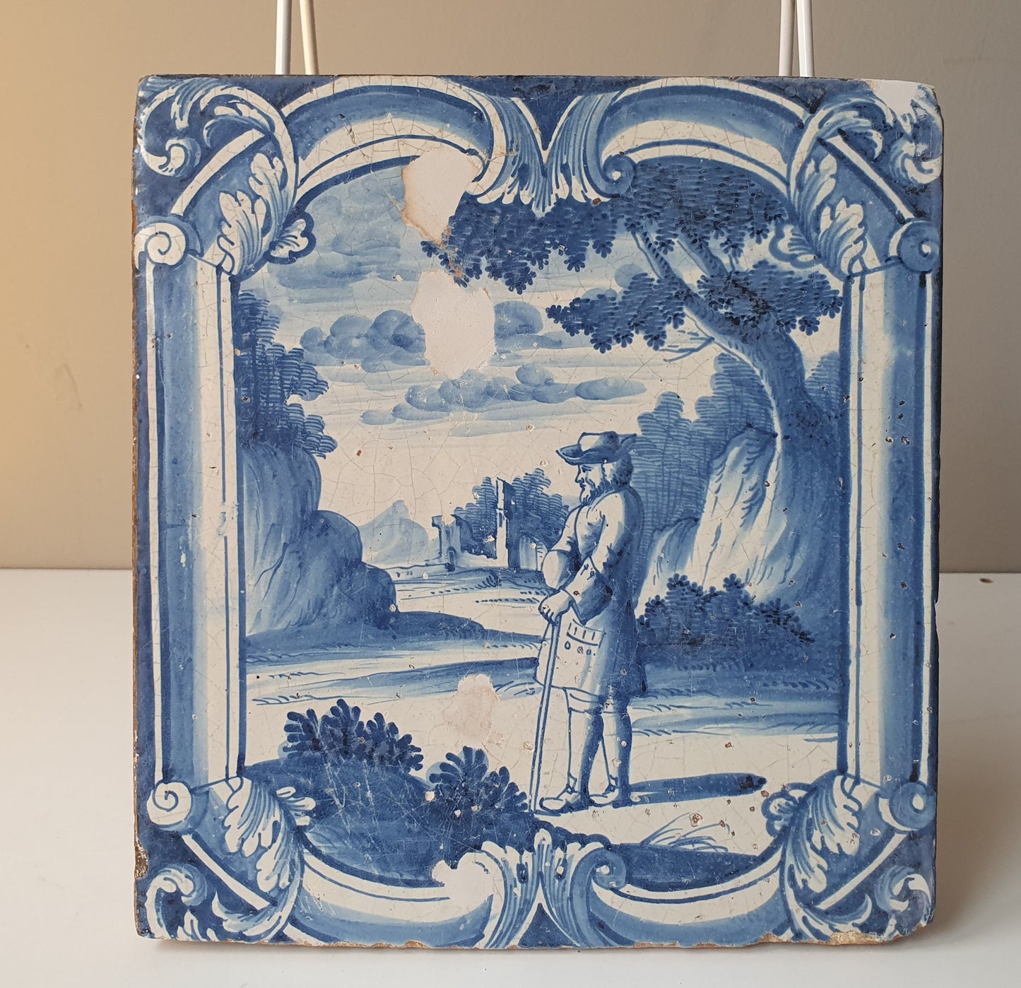 Antique Faience Tile Plaque, 1750s German Delftware, Nobleman Park Scene