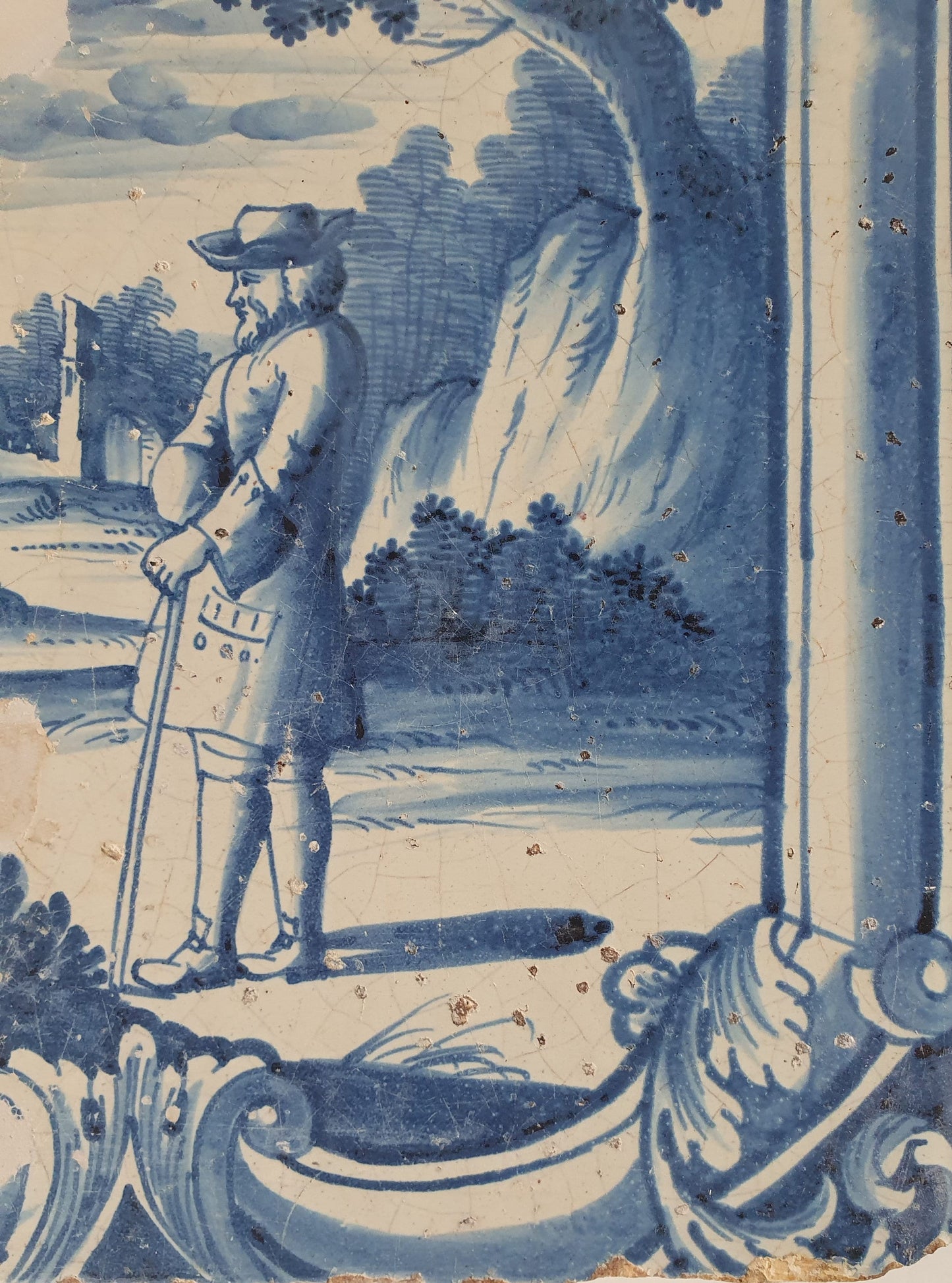 Antique Faience Tile Plaque, 1750s German Delftware, Nobleman Park Scene