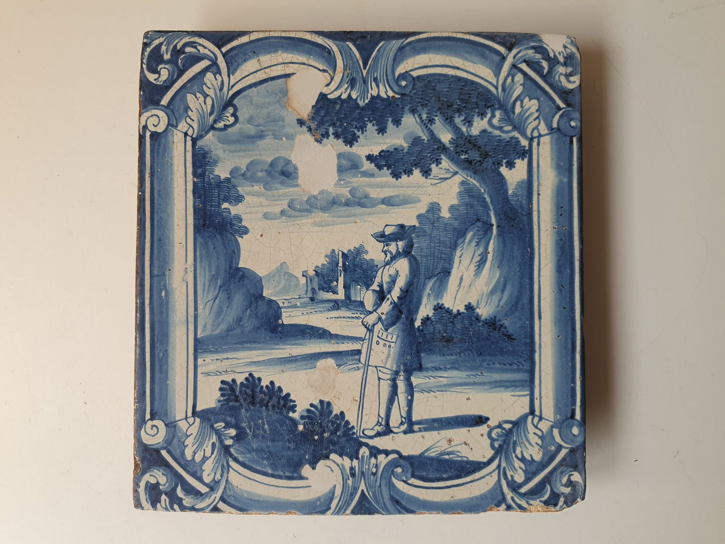 Antique Faience Tile Plaque, 1750s German Delftware, Nobleman Park Scene
