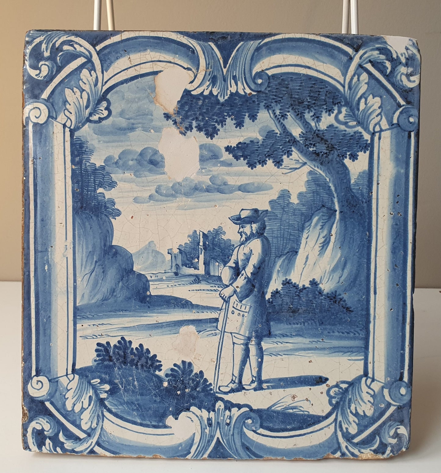 Antique Faience Tile Plaque, 1750s German Delftware, Nobleman Park Scene