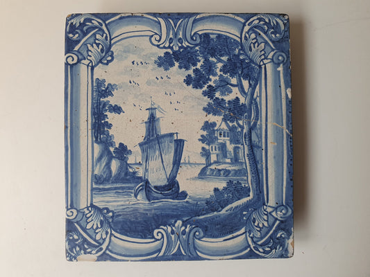 XL plaque, antique 18th century 'Stovetile' with sailboat. Hamburg, Friesland, 1750-1775, Faience, underglaze blue.