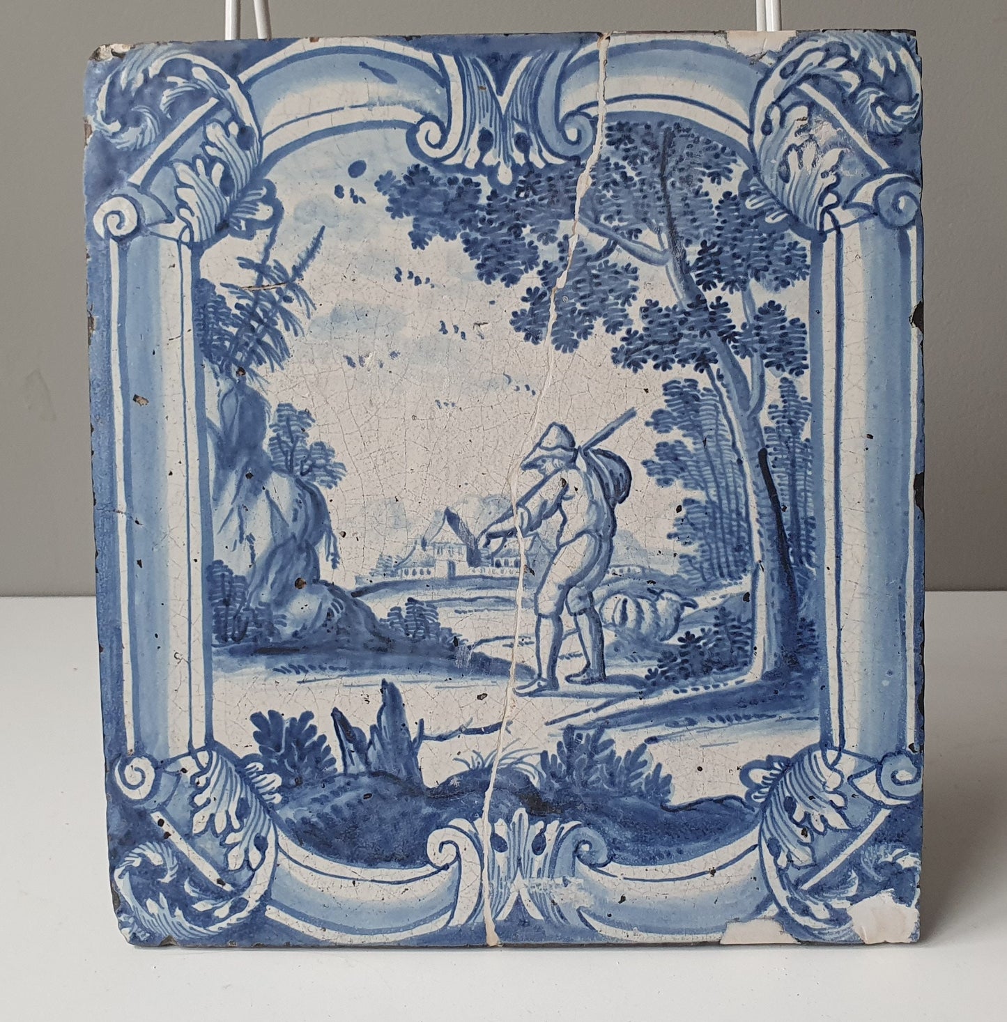 Antique Faience Tile, 18th Century Dutch Stovetile, Sheep Shepherd Decor
