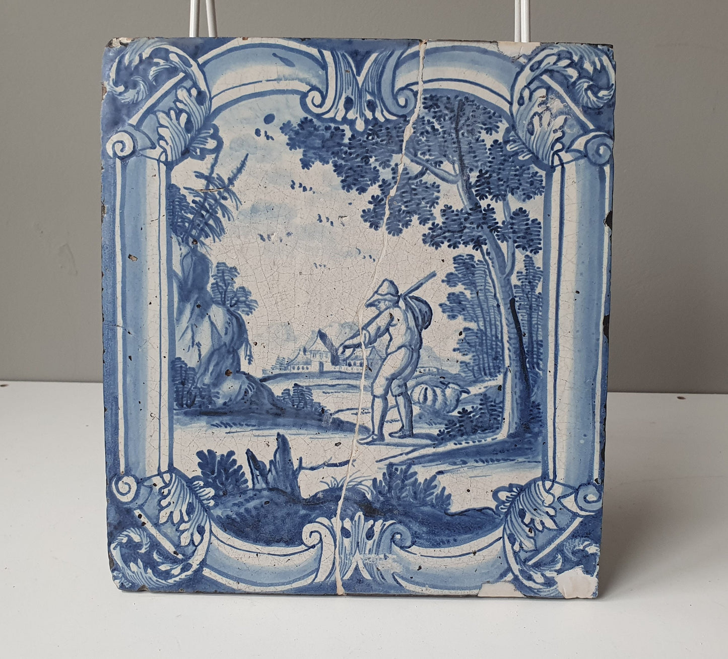 Antique Faience Tile, 18th Century Dutch Stovetile, Sheep Shepherd Decor