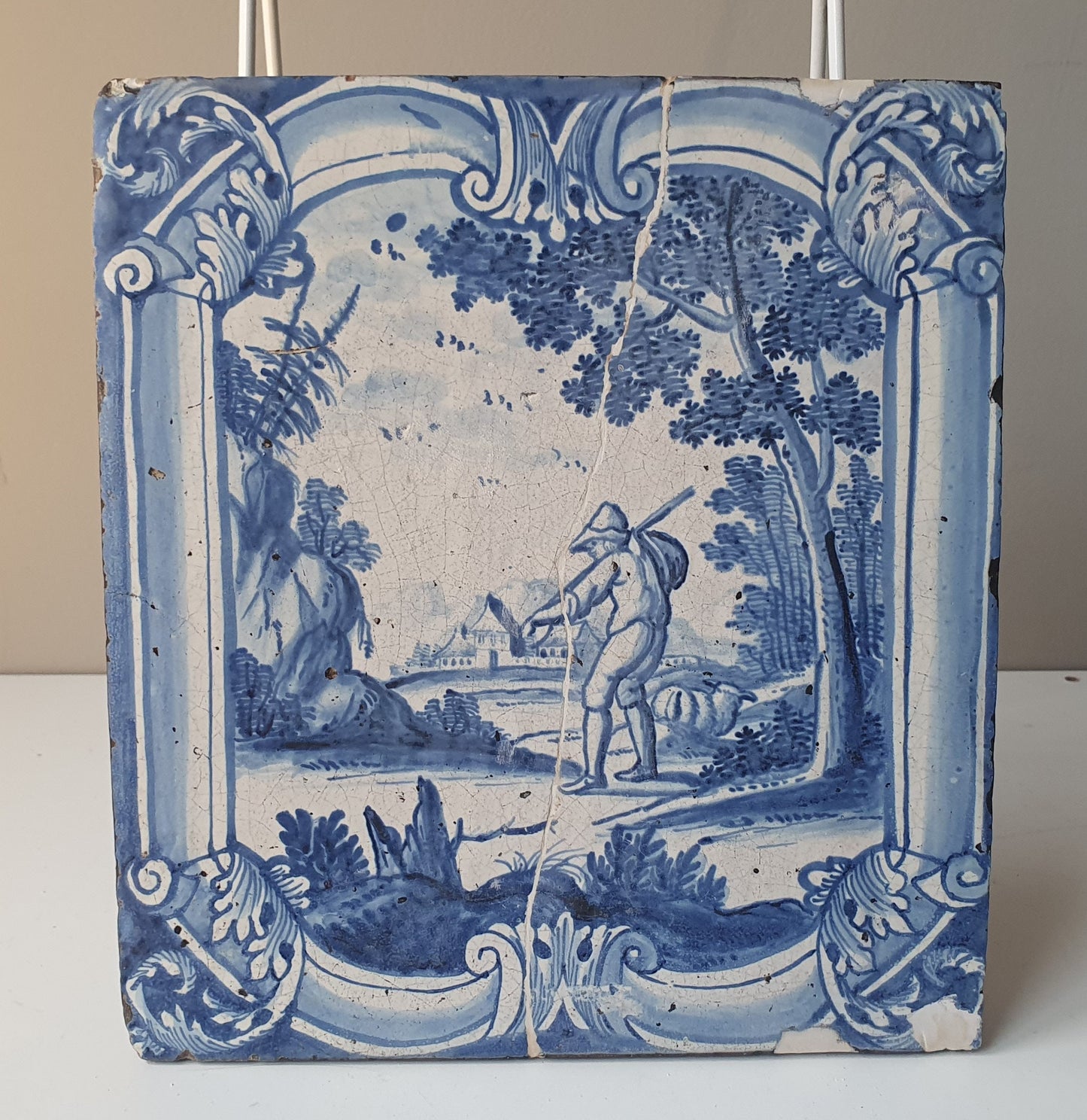 Antique Faience Tile, 18th Century Dutch Stovetile, Sheep Shepherd Decor