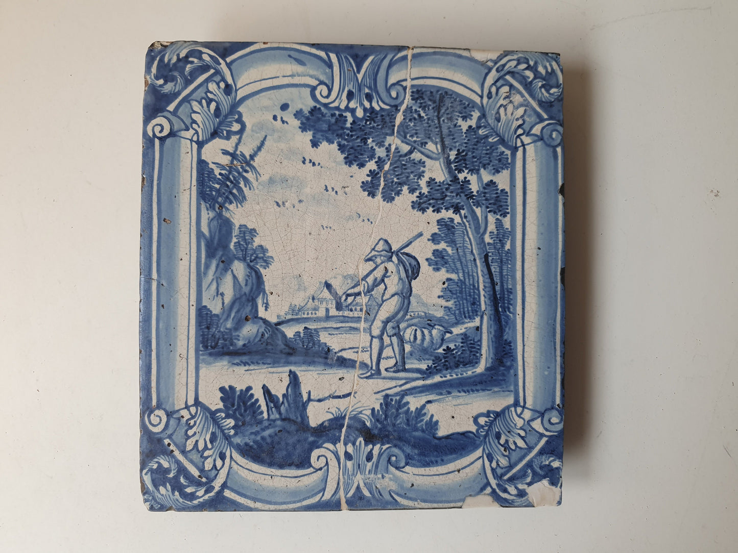 Antique Faience Tile, 18th Century Dutch Stovetile, Sheep Shepherd Decor