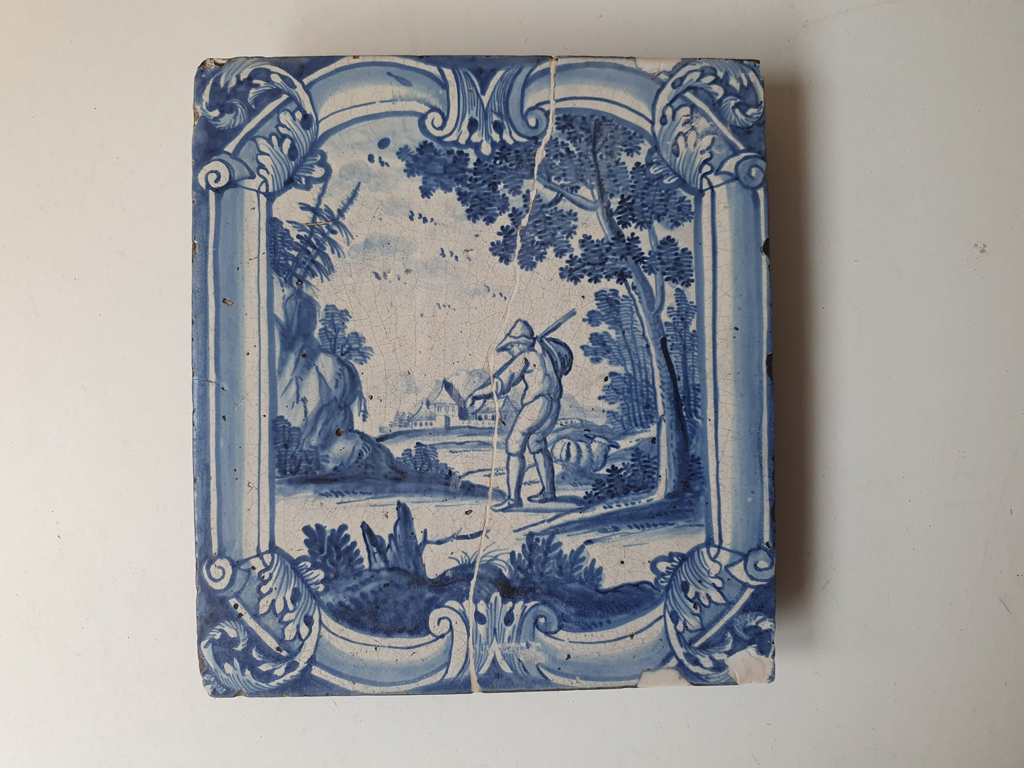 Antique Faience Tile, 18th Century Dutch Stovetile, Sheep Shepherd Decor