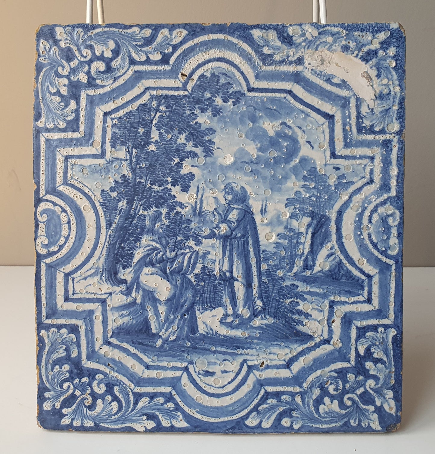 Antique Faience Tile Plaque, 18th Century German Stovetile, Underglaze Blue