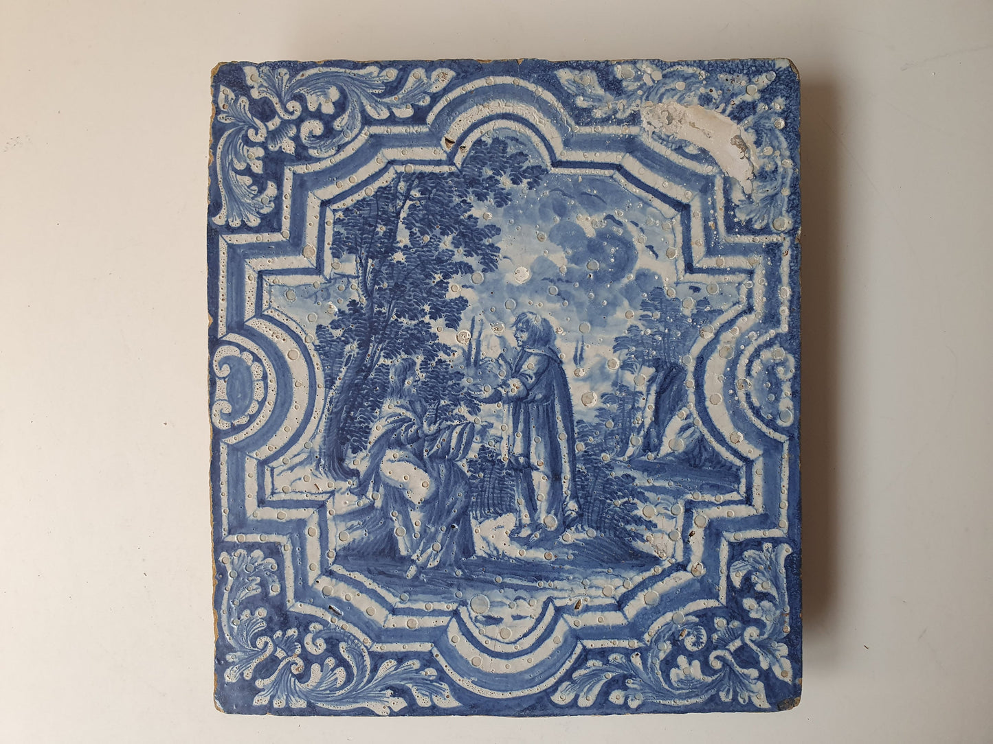 Antique Faience Tile Plaque, 18th Century German Stovetile, Underglaze Blue