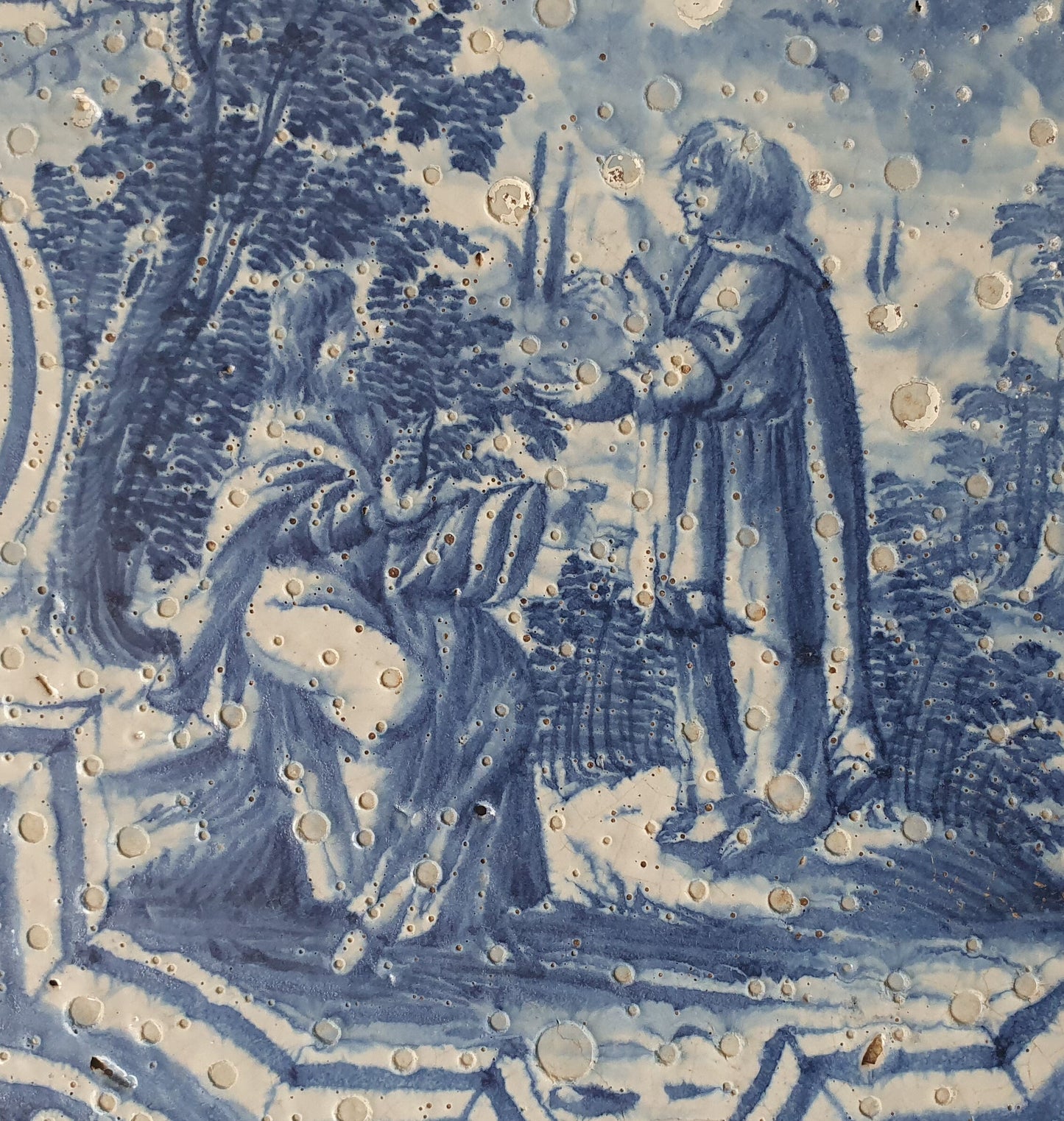 Antique Faience Tile Plaque, 18th Century German Stovetile, Underglaze Blue