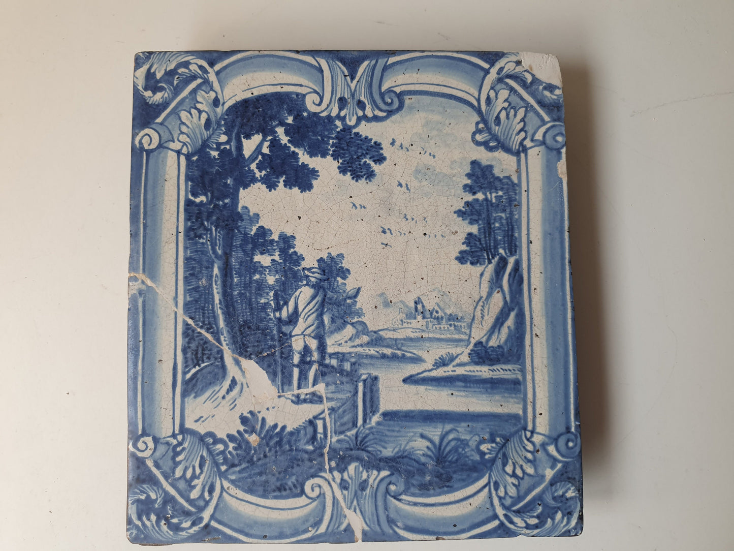 Antique Delft Blue Faience Tile, 18th Century German Stovetile, Man with Stick
