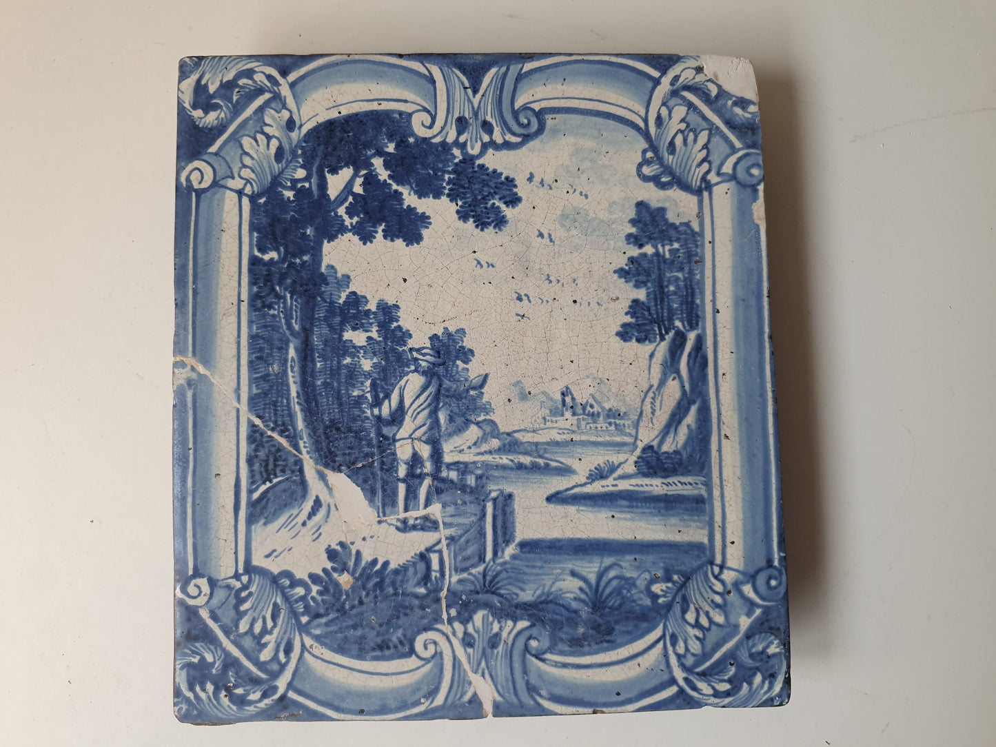 Antique Delft Blue Faience Tile, 18th Century German Stovetile, Man with Stick