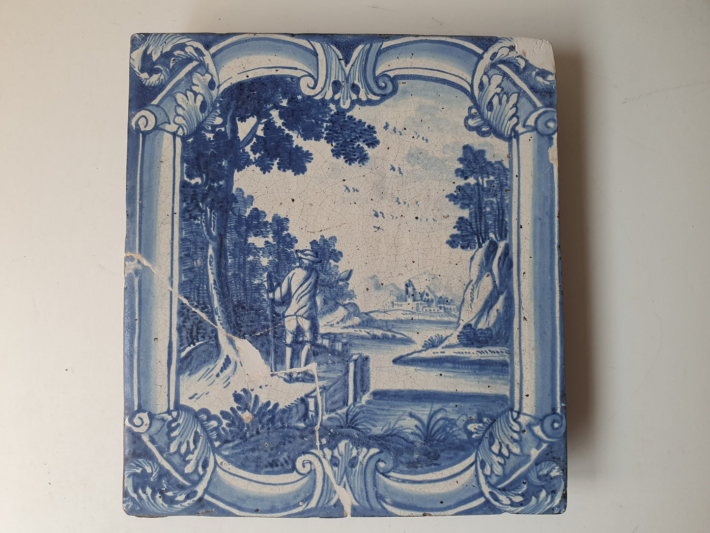 Antique Delft Blue Faience Tile, 18th Century German Stovetile, Man with Stick