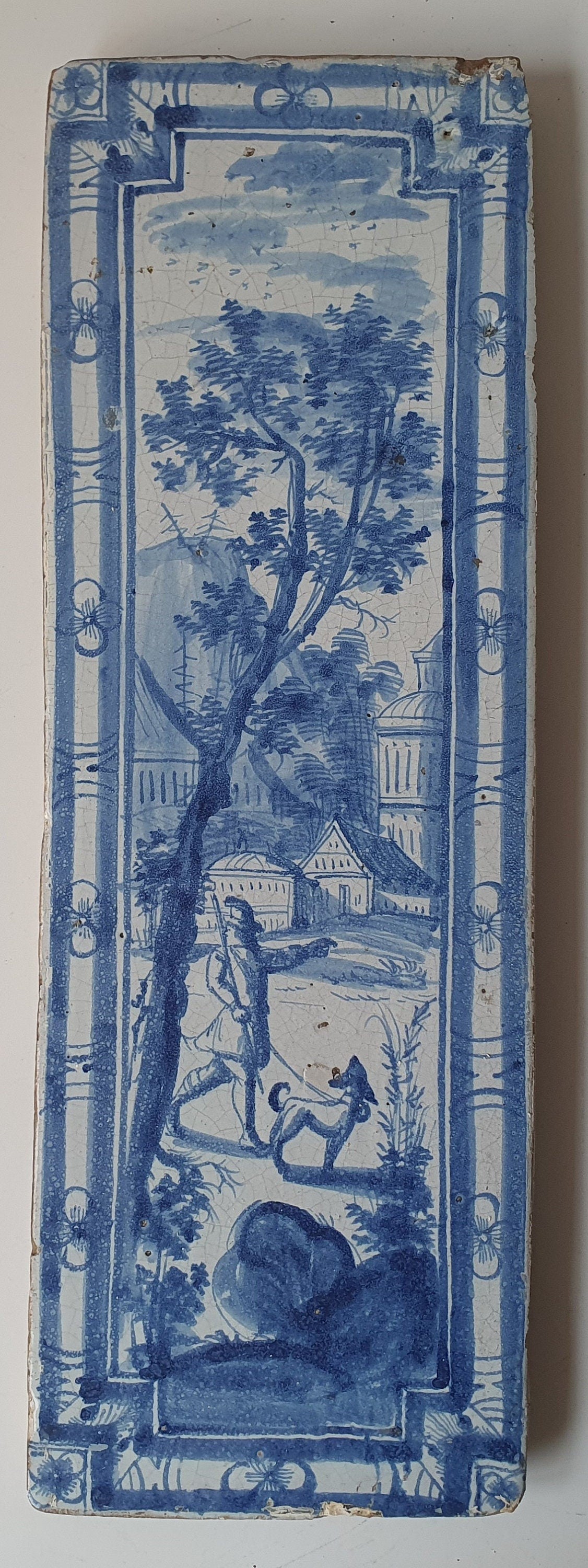 Antique Delft Tile Plaque, 18th Century Hunter Scene, Faience