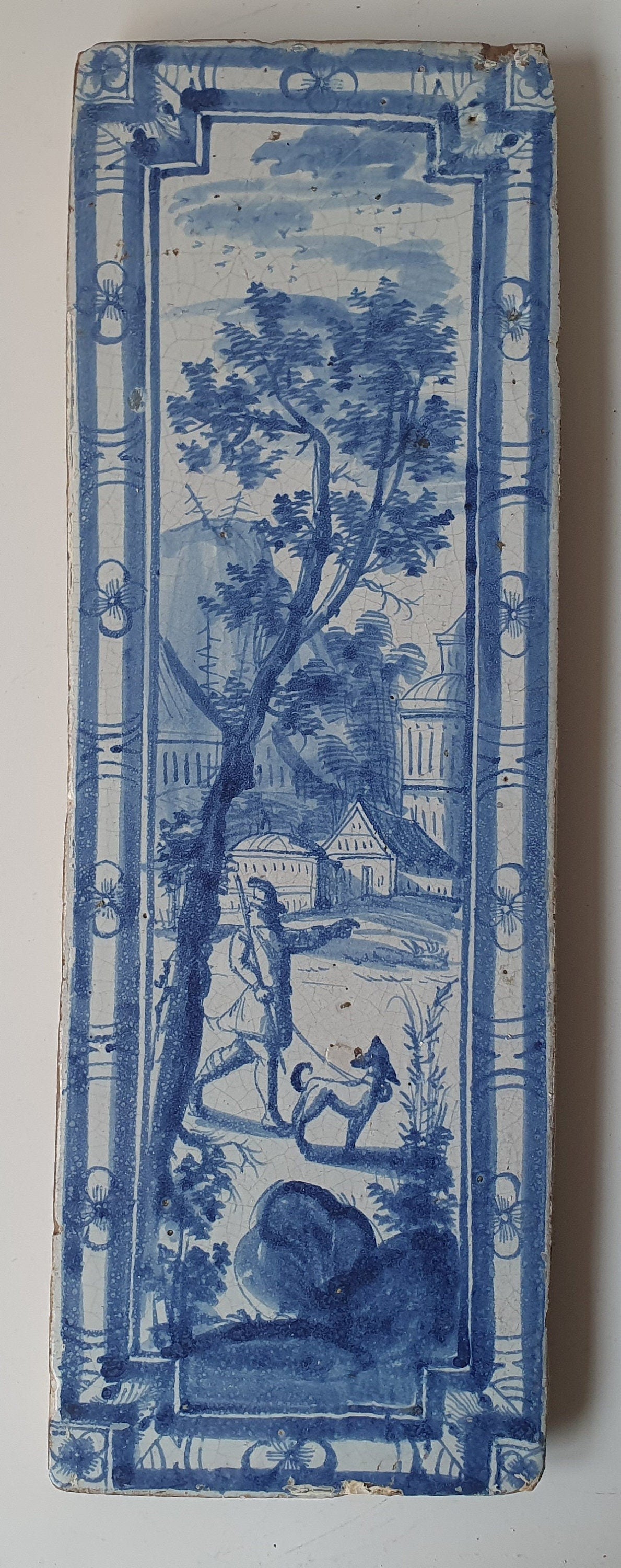 Antique Delft Tile Plaque, 18th Century Hunter Scene, Faience