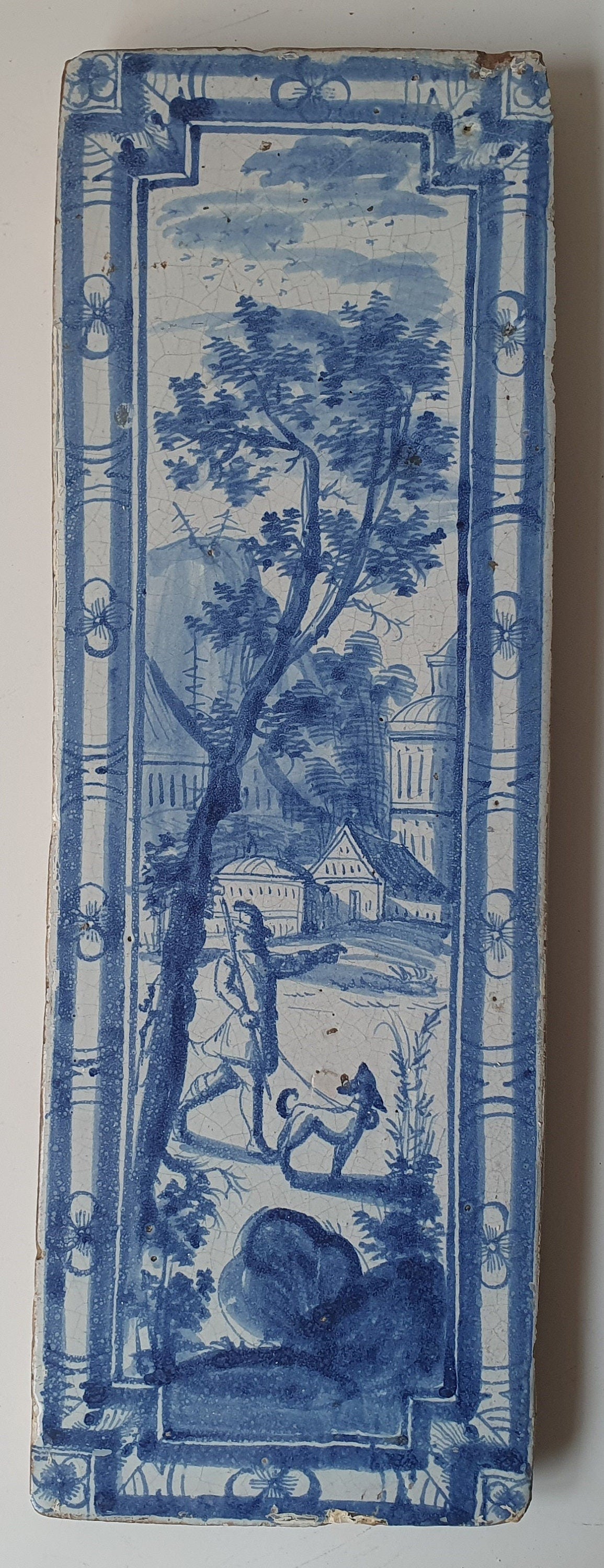 Antique Delft Tile Plaque, 18th Century Hunter Scene, Faience