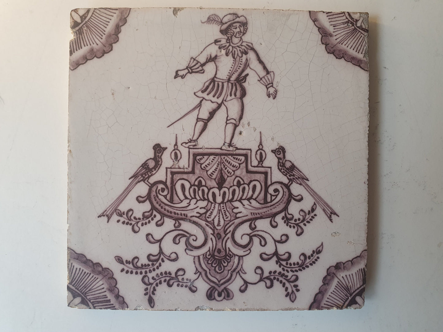 Antique Dutch Delft Tile, Rotterdam Baroque Cartouche, Manganese Glaze
