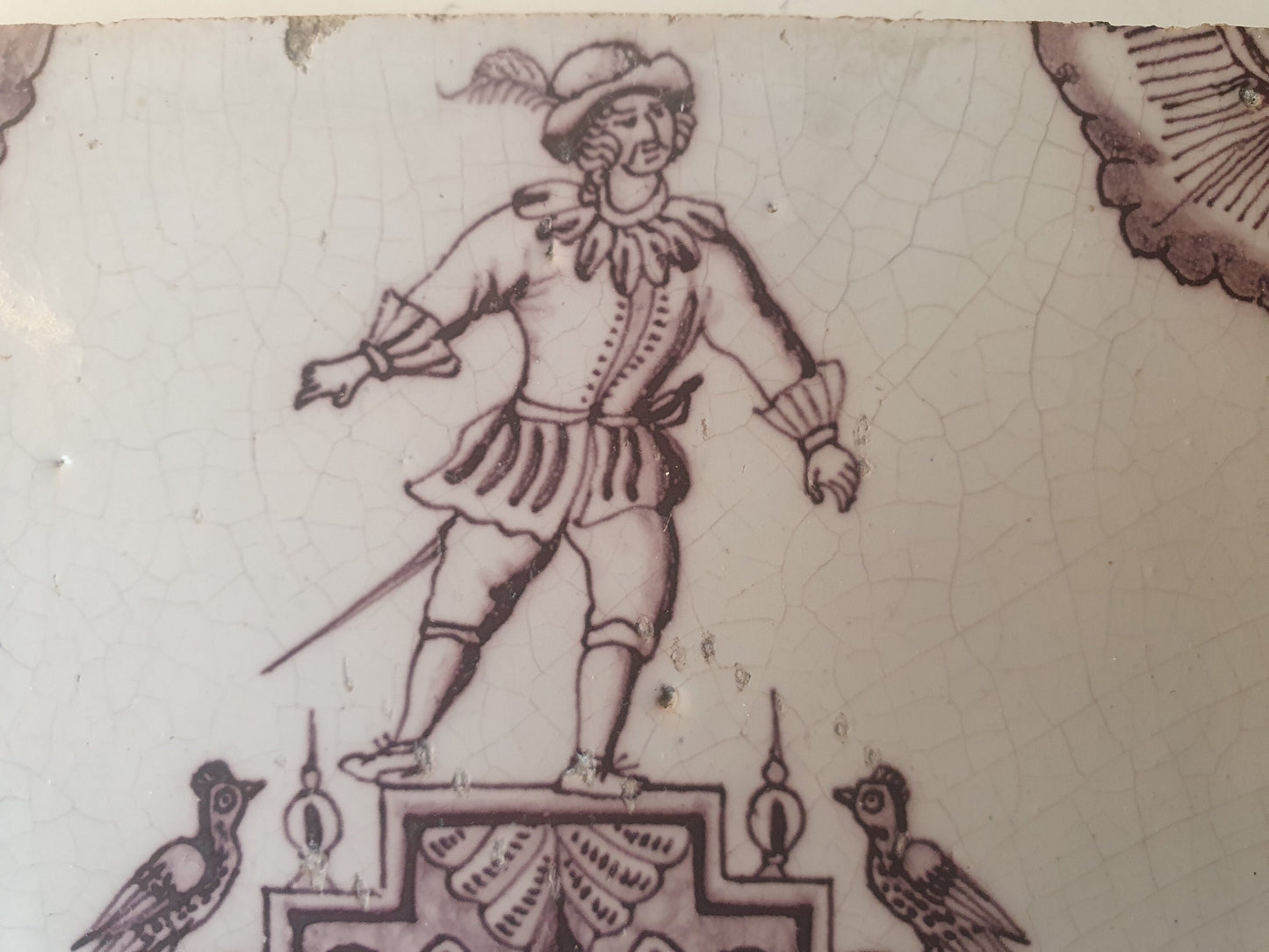 Antique Dutch Delft Tile, Rotterdam Baroque Cartouche, Manganese Glaze