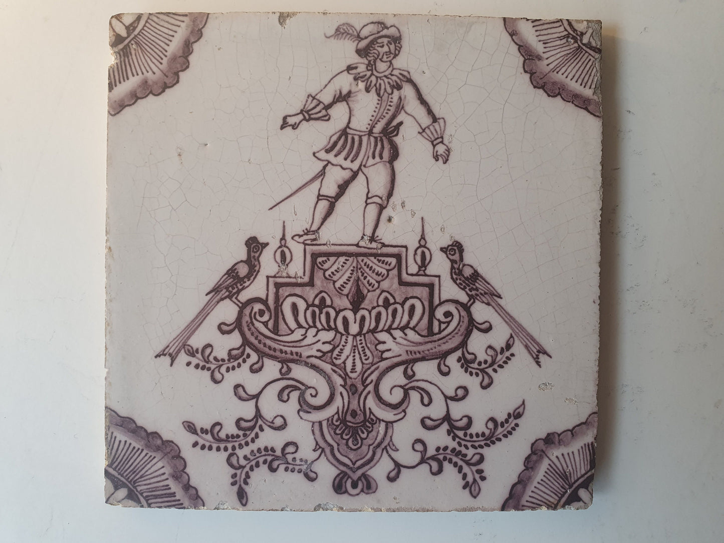 Antique Dutch Delft Tile, Rotterdam Baroque Cartouche, Manganese Glaze
