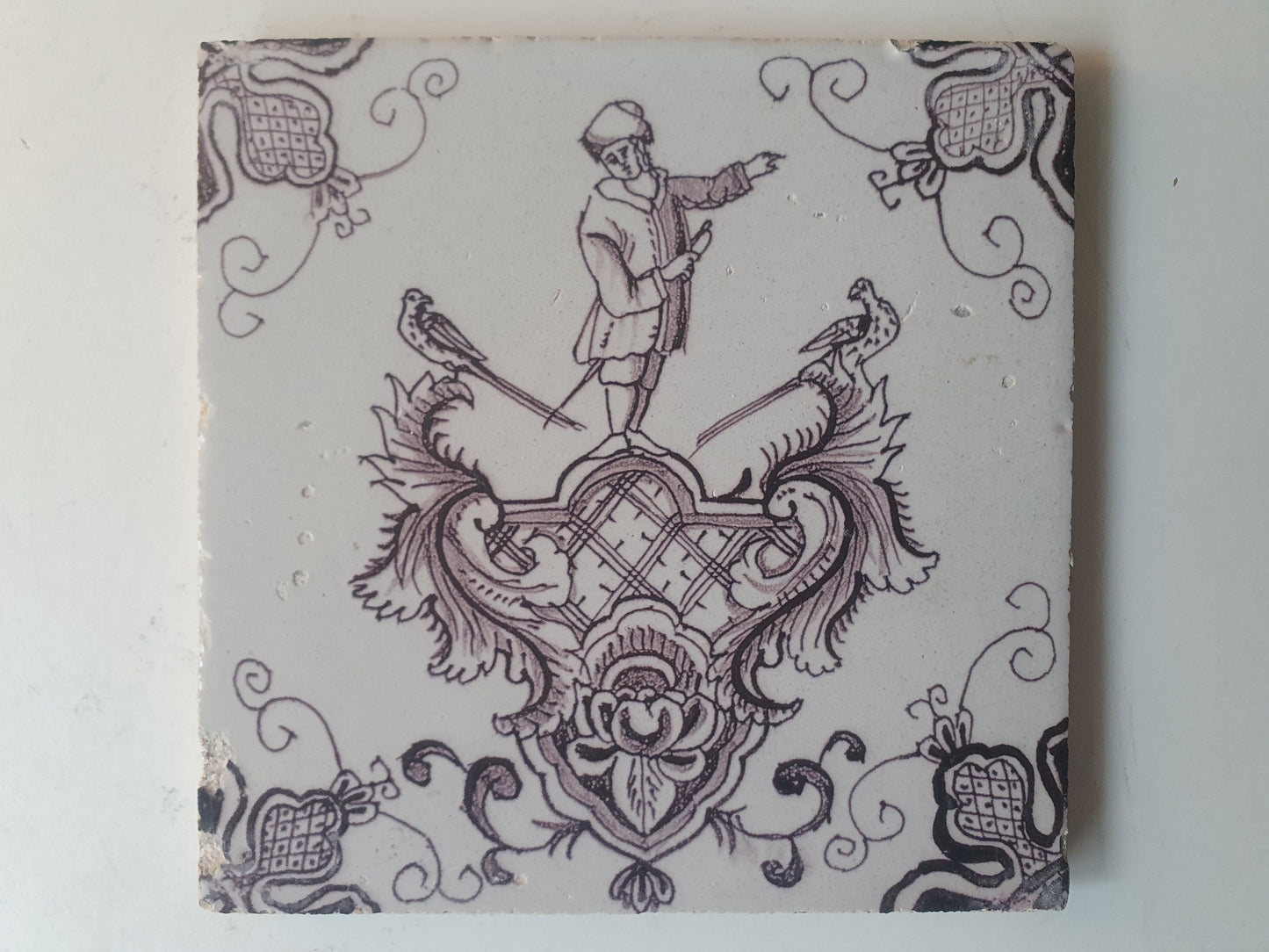 Antique Dutch Delft Tile, Baroque Cartouche, Rotterdam, circa 1760
