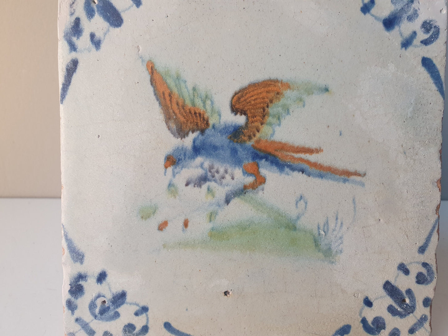 Antique Delft Tile – Polychrome Bird, Leaf Motifs, c.1630