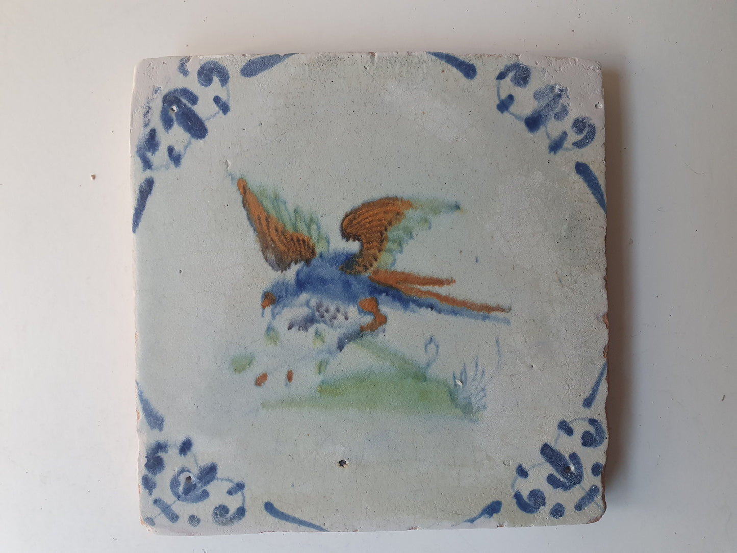 Antique Delft Tile – Polychrome Bird, Leaf Motifs, c.1630