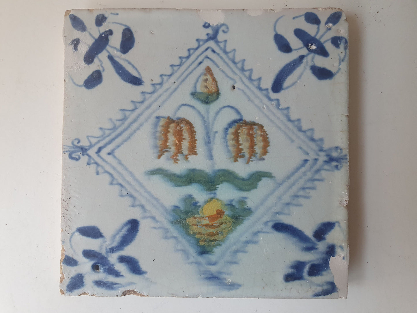 Antique Dutch Delft Tile – 17th Century Polychrome Floral