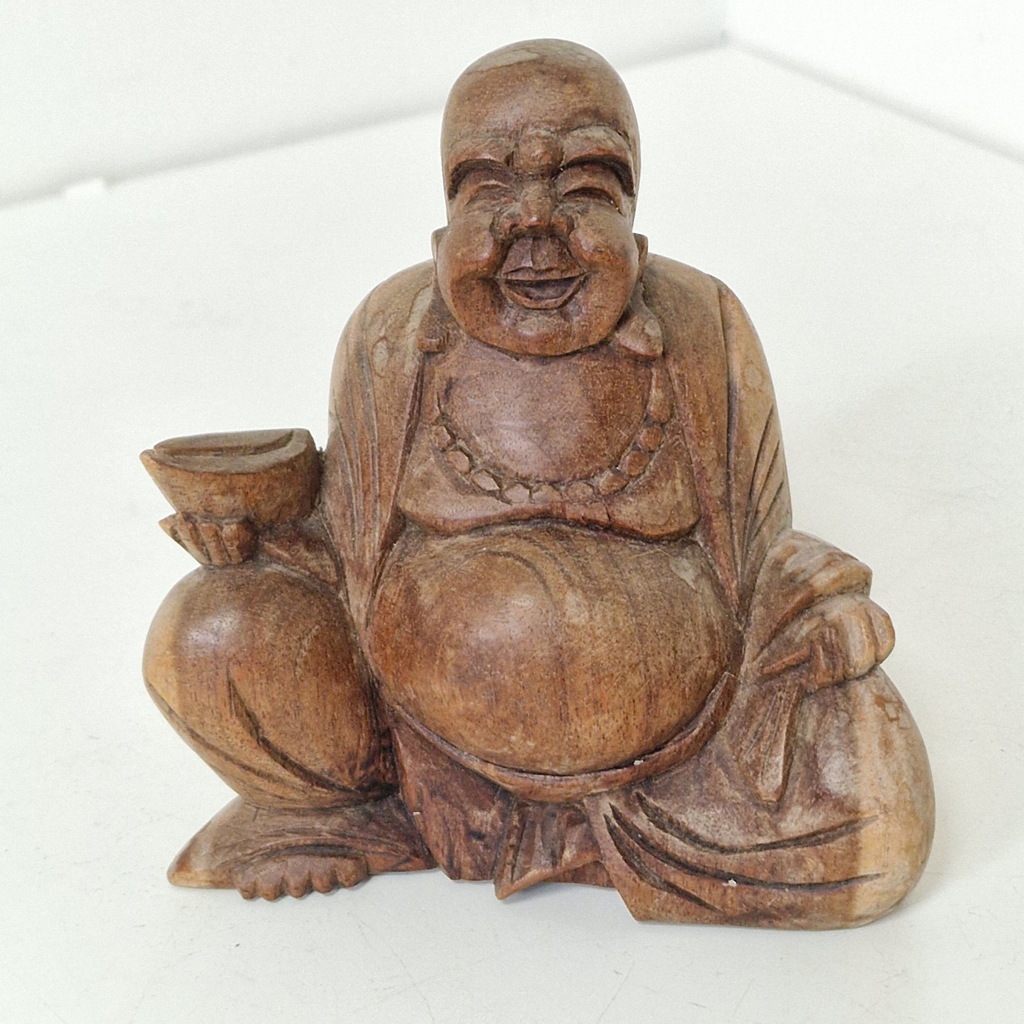 Vintage Hand Carved Wooden Buddha Statue, Folk Art Figurine