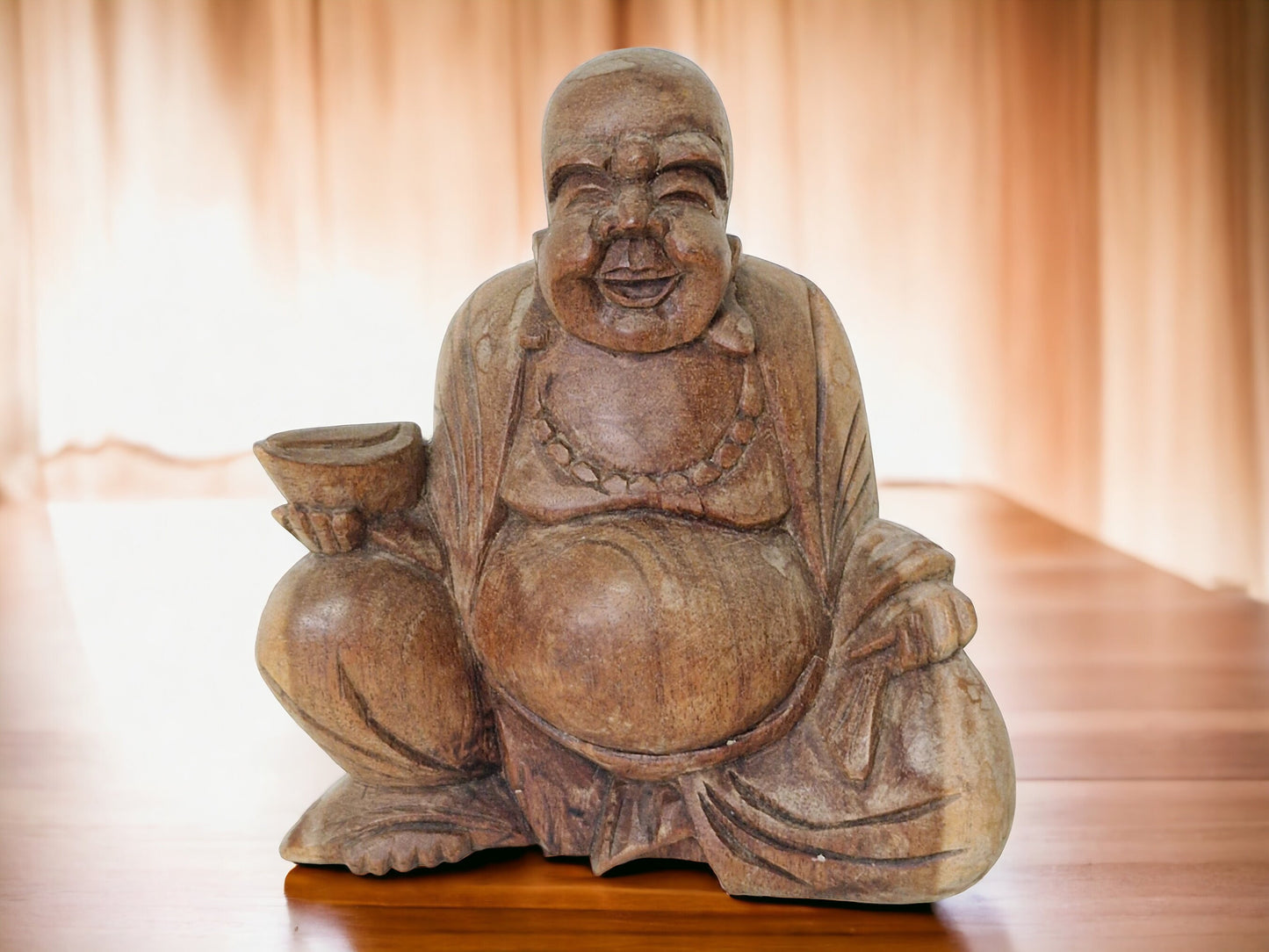 Vintage Hand Carved Wooden Buddha Statue, Folk Art Figurine