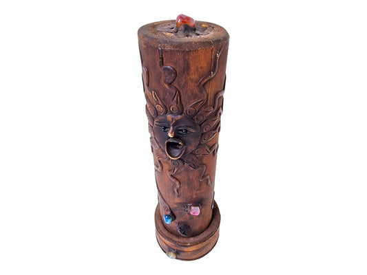 Vintage Wood Censer with Gems, Creole Tribal Sun Design