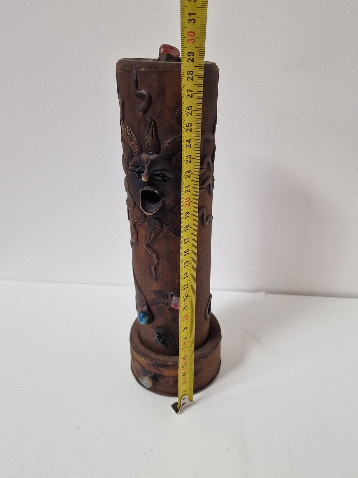 Vintage Wood Censer with Gems, Creole Tribal Sun Design