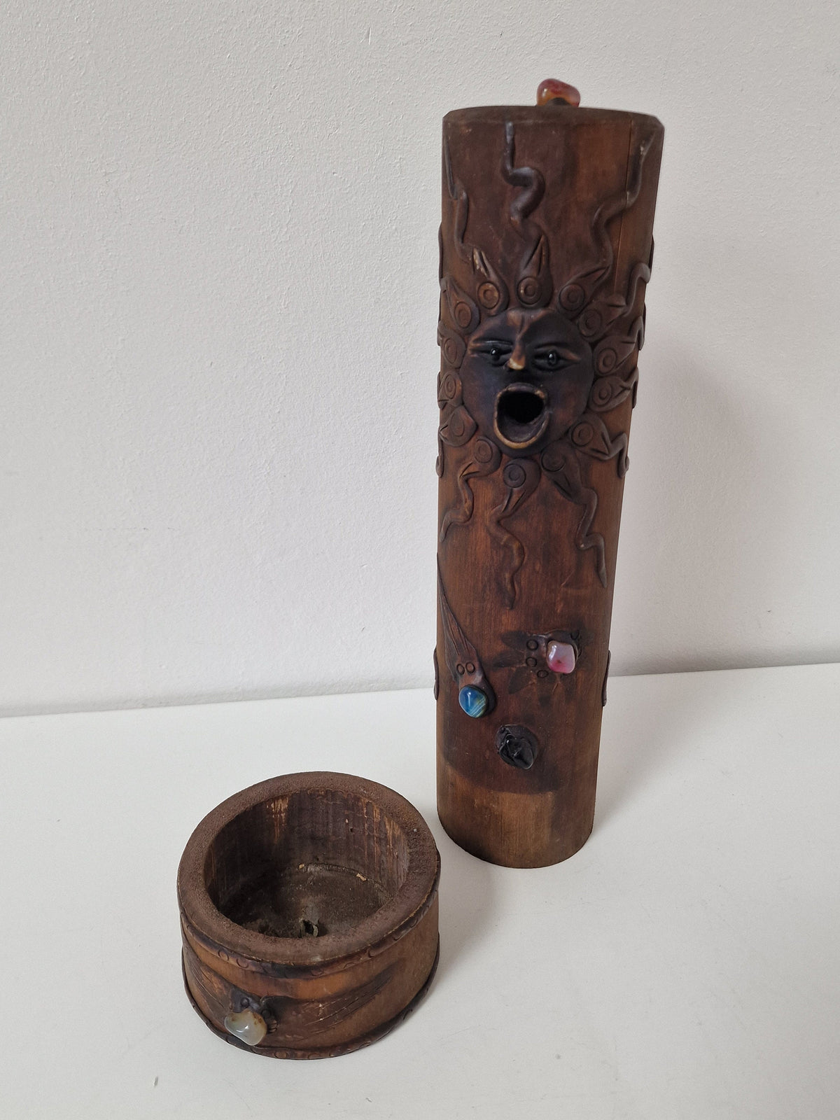 Vintage Wood Censer with Gems, Creole Tribal Sun Design