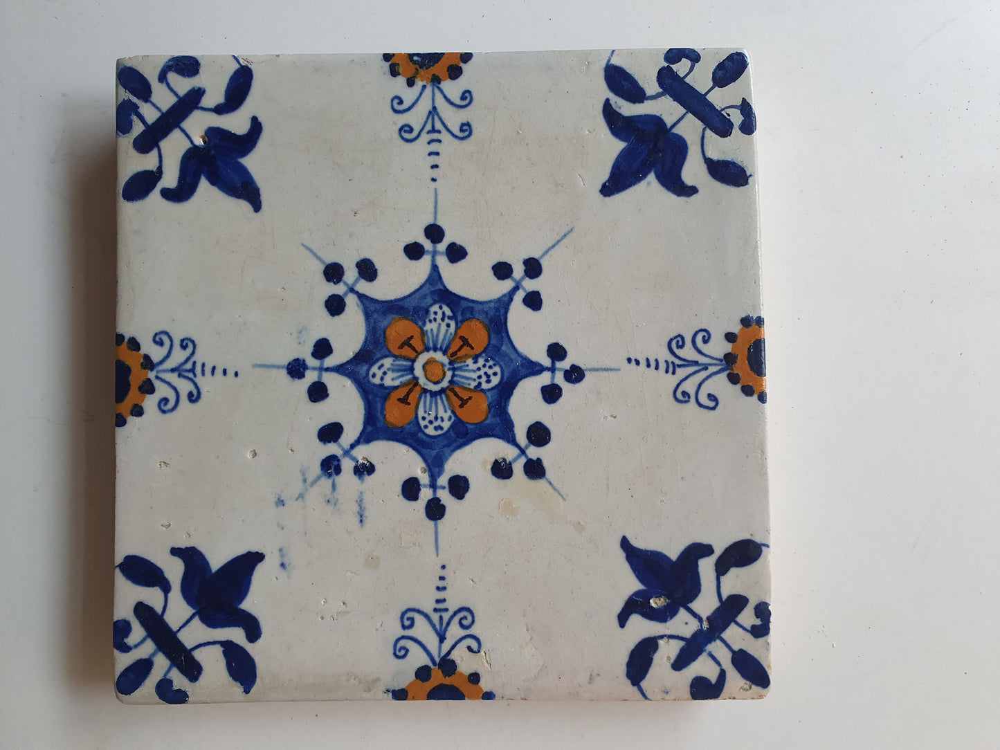 Antique Dutch Delft Tiles, Polychrome Floral, 17th Century, Set of 4