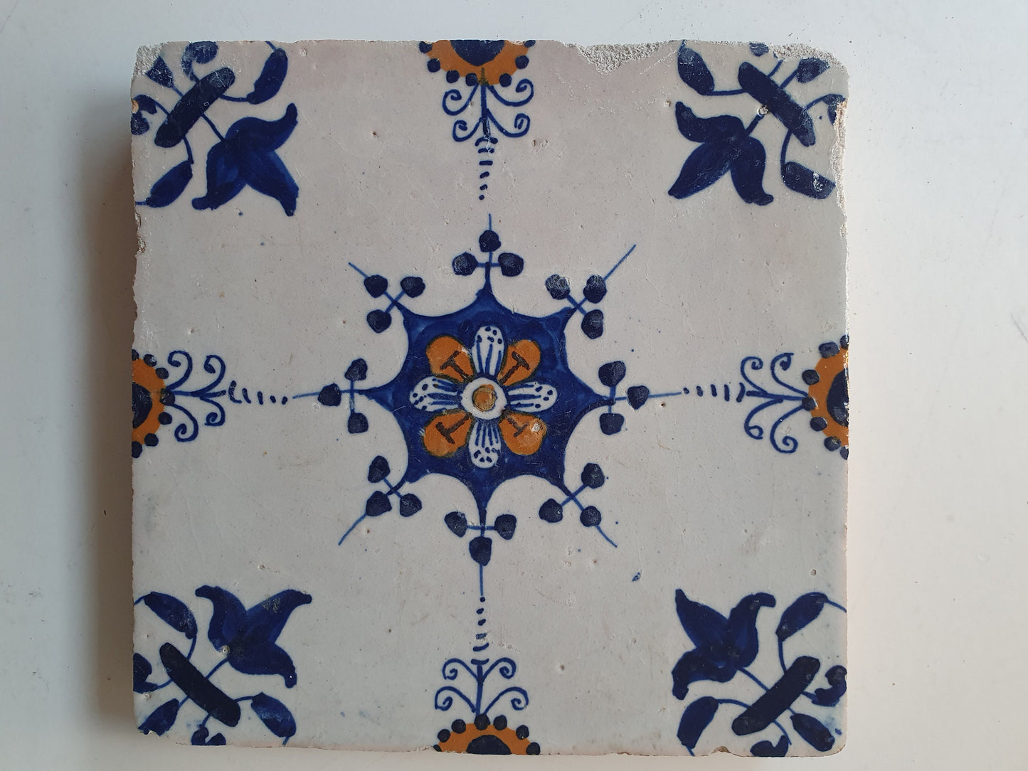 Antique Dutch Delft Tiles, Polychrome Floral, 17th Century, Set of 4