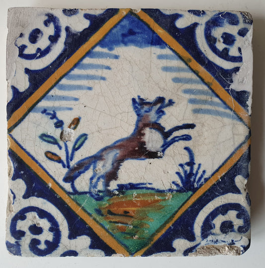 Antique Dutch Tile – 17th Century Fox Design, Polychrome Majolica