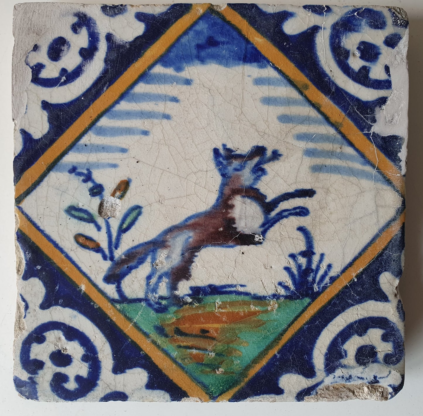 Antique Dutch Tile – 17th Century Fox Design, Polychrome Majolica