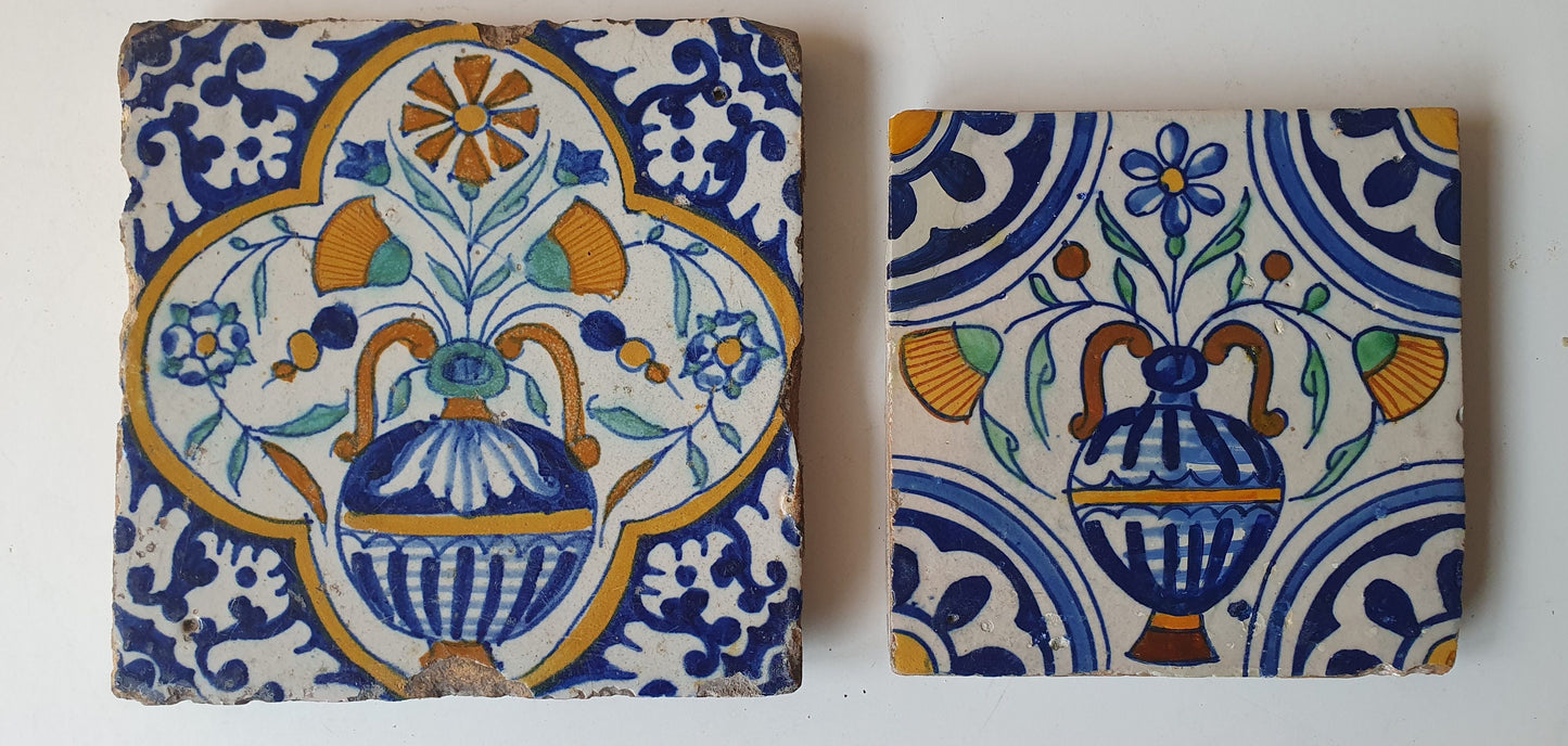 Antique Dutch Flowerpot Tiles – 17th Century Polychrome Set