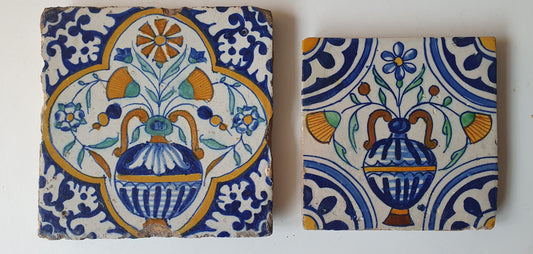 Antique Dutch Flowerpot Tiles – 17th Century Polychrome Set